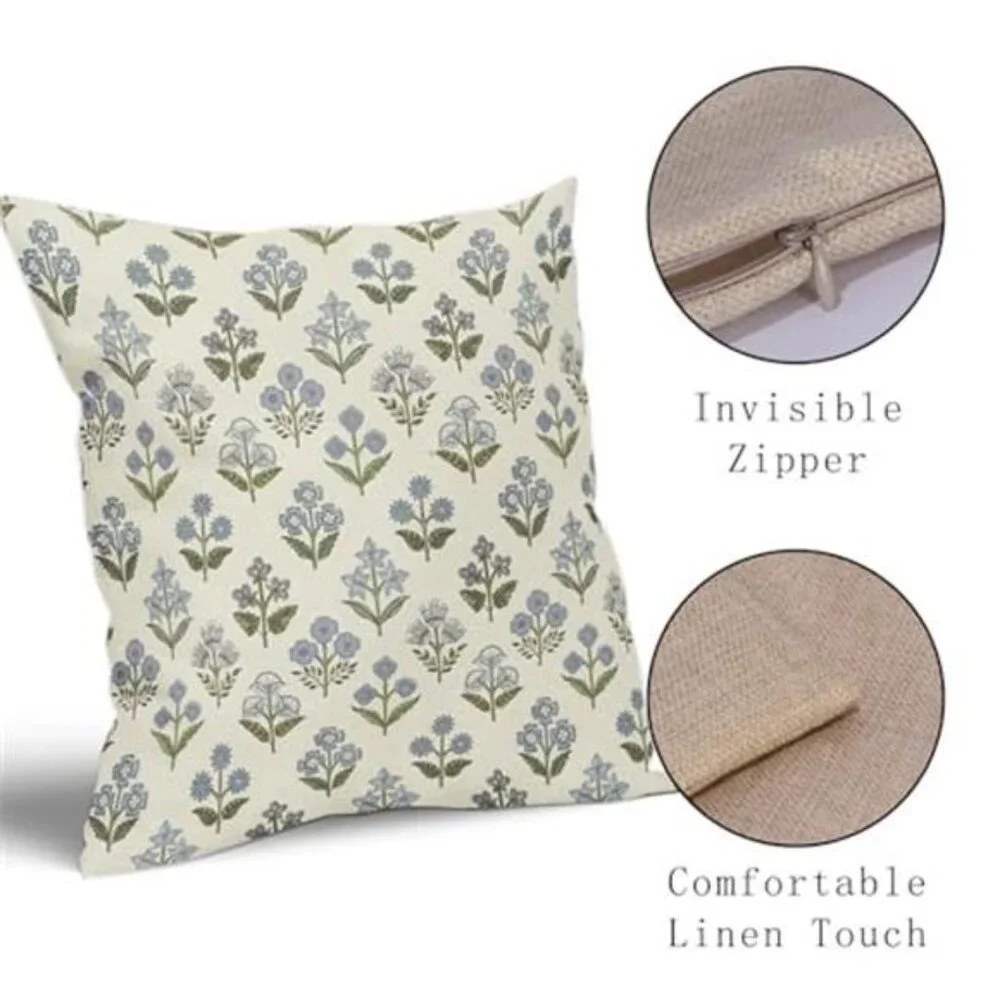 Blue Green Print Pillow Covers 18x18 Set of 2 Vintage Floral Spring NO INSERT